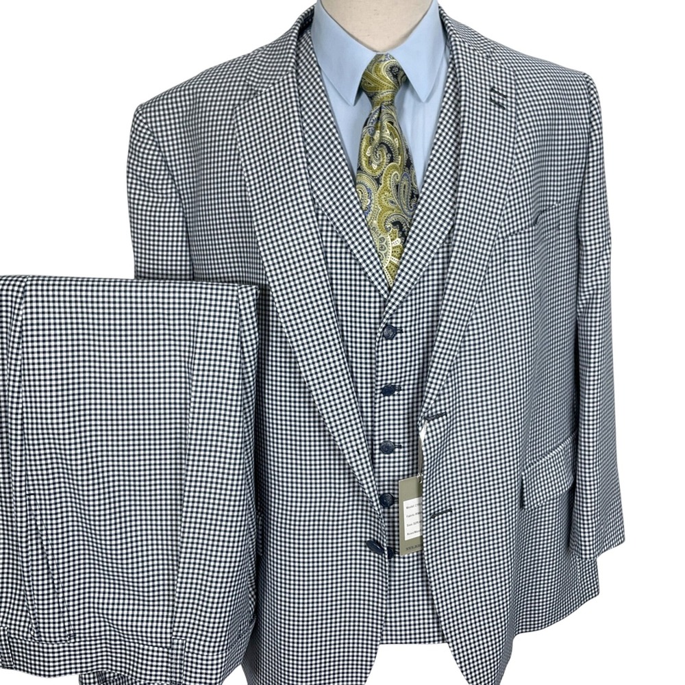 Rossi Man 3 Piece Suit Men 52R/46R 42W Navy Gingham Check Cyrus Super 150s Wool